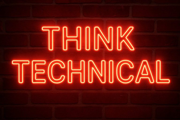 Think Technical "Think Technical" als Neonschrift auf Backsteinwand
