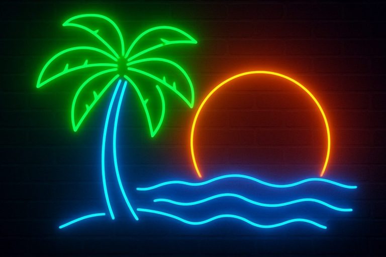 NXTWAV Europe Insel Palme mit Meer und Sonnenuntergang als Neonbild auf Backsteinwand